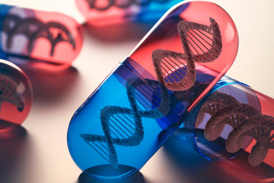 Tablets with genetic code inside. Concept of the advancement of medicine in the treatment of diseases.